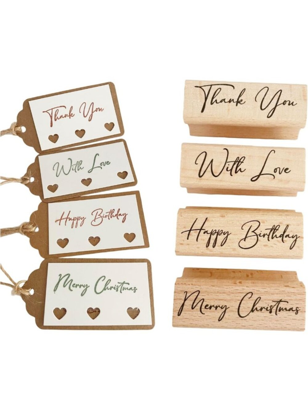 4PC Rubber Stamp Set – Thank You, With Love, Happy Birthday, Merry Christmas for